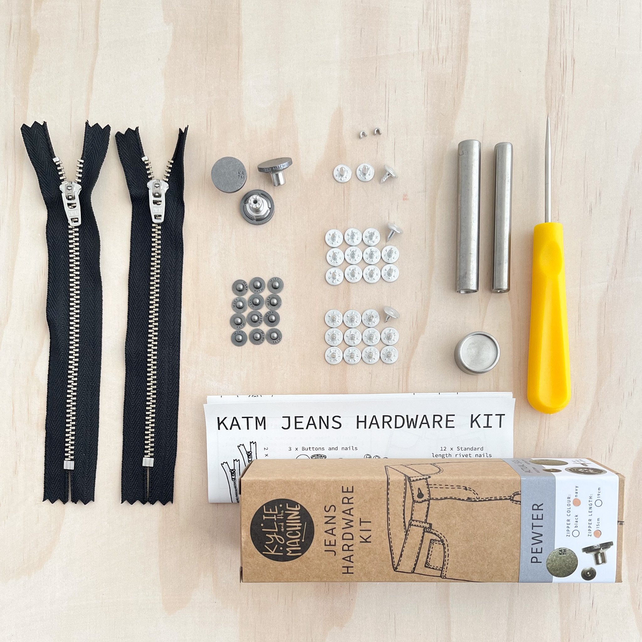 PEWTER Jeans Hardware Kit (Black Zipper) Kylie and Machine labels